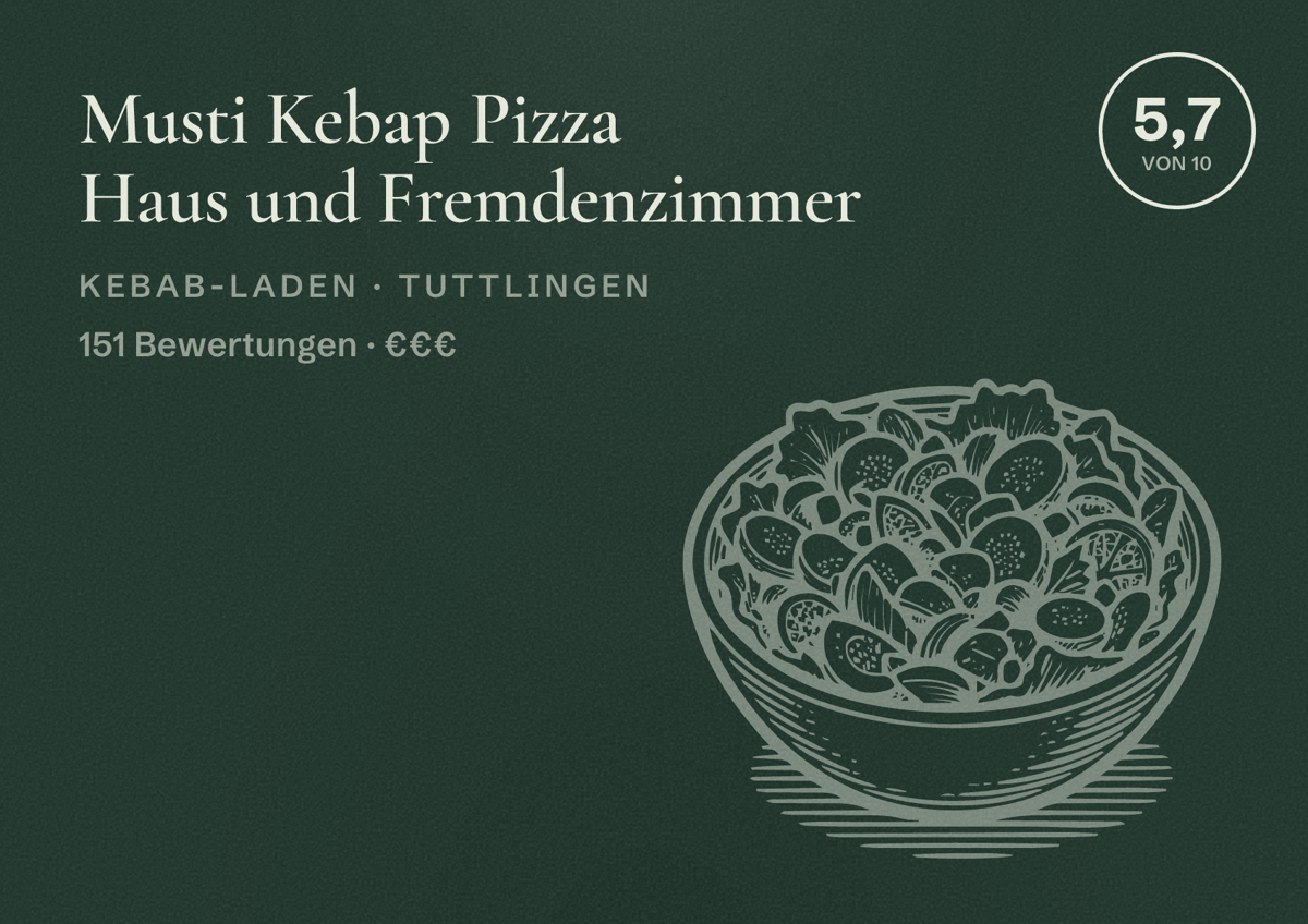 Illustriertes Poster von Musti Kebap Pizza Haus und Fremdenzimmer, Kebab-Laden in Tuttlingen: Bewertung 5,7 von 10 aus 151 Bewertungen, Preisniveau €€€