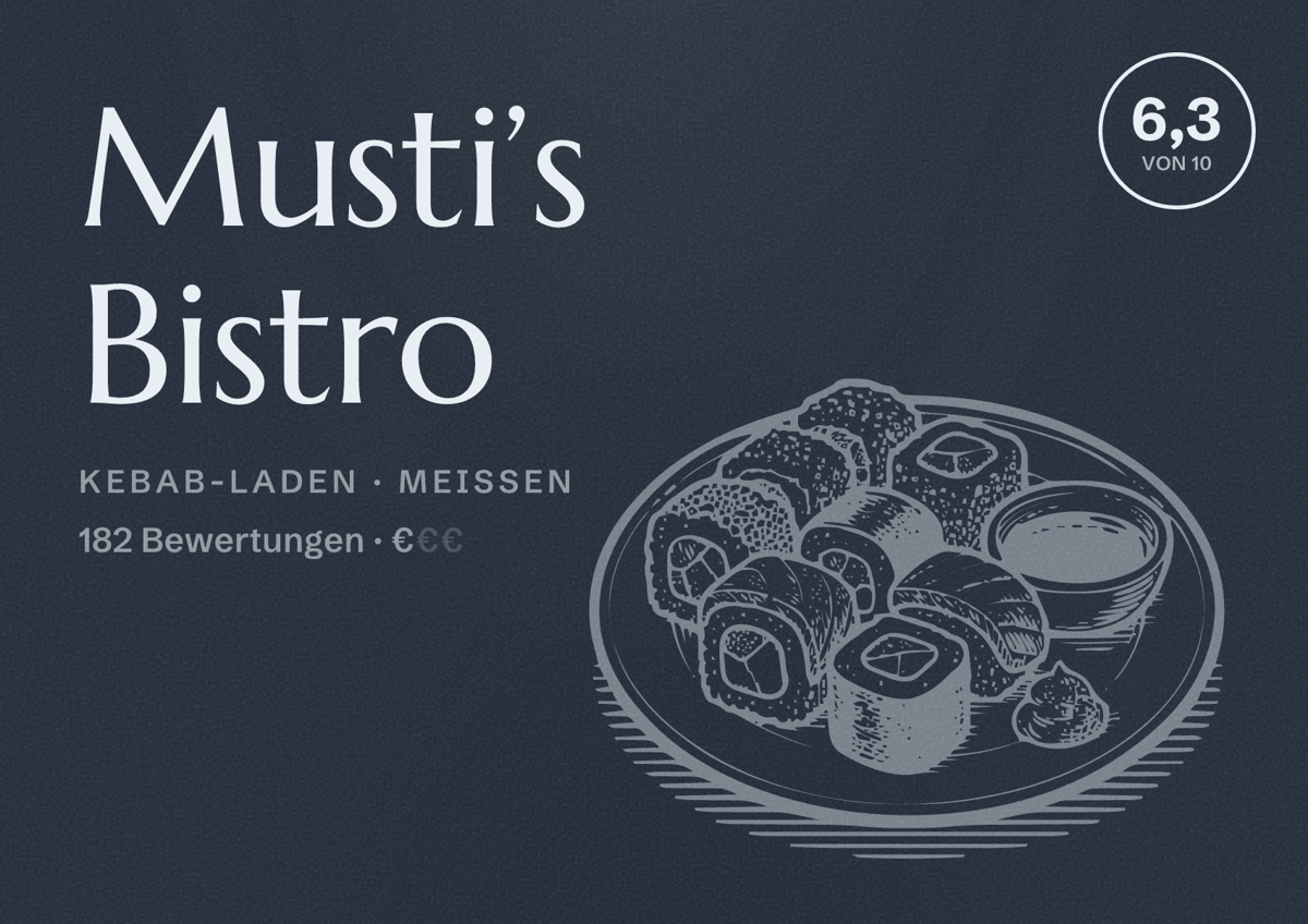 Illustriertes Poster von Musti’s Bistro, Kebab-Laden in Meißen: Bewertung 6,3 von 10 aus 182 Bewertungen, Preisniveau €