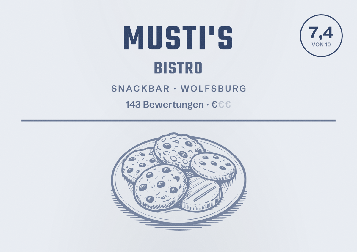Illustriertes Poster von Musti's Bistro, Snackbar in Wolfsburg: Bewertung 7,4 von 10 aus 143 Bewertungen, Preisniveau €