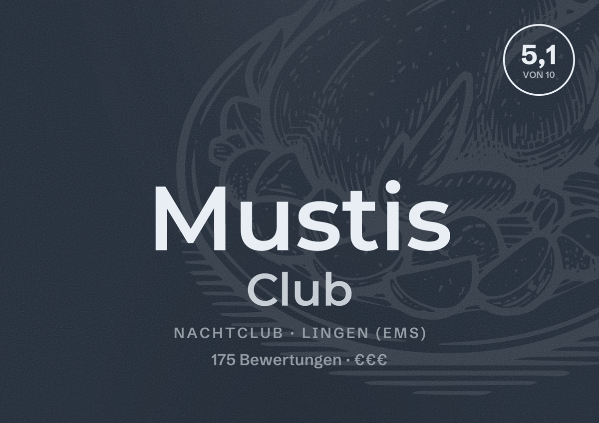 Illustriertes Poster von Mustis Club, Nachtclub in Lingen (Ems): Bewertung 5,1 von 10 aus 175 Bewertungen, Preisniveau €€€
