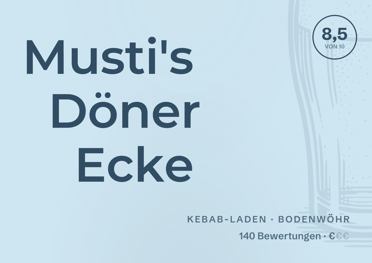Illustriertes Poster von Musti's Döner Ecke, Kebab-Laden in Bodenwöhr: Bewertung 8,5 von 10 aus 140 Bewertungen, Preisniveau €