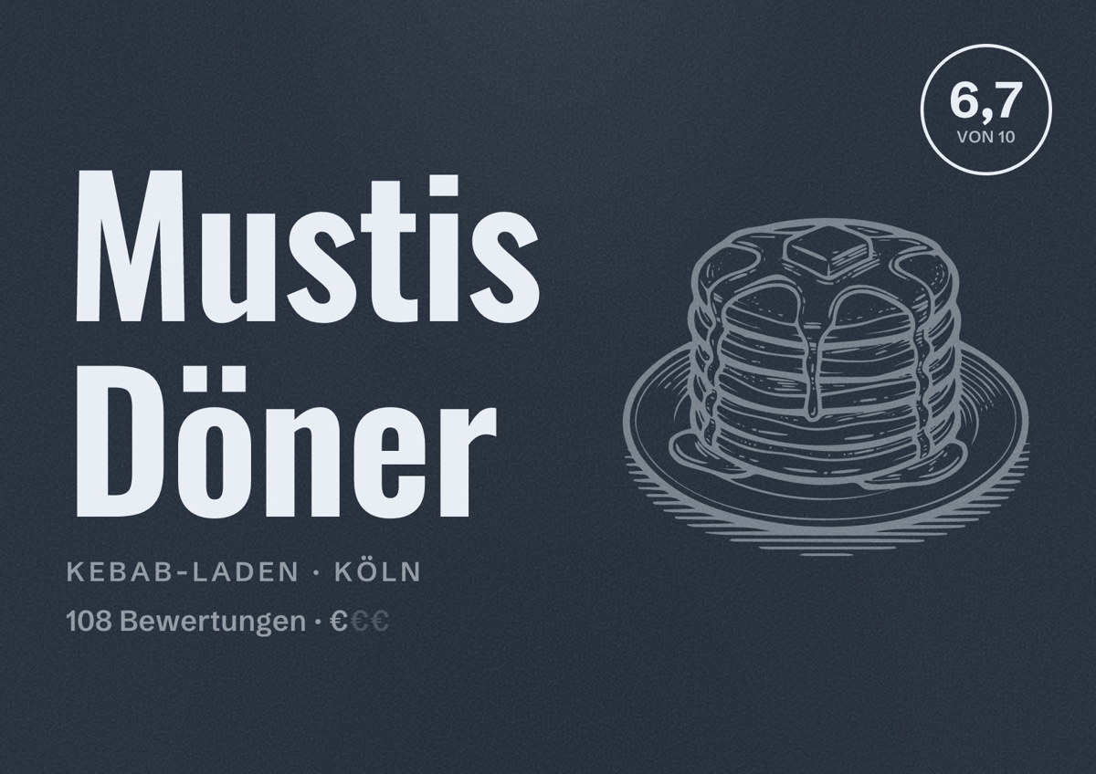 Illustriertes Poster von Mustis Döner, Kebab-Laden in Köln: Bewertung 6,7 von 10 aus 108 Bewertungen, Preisniveau €