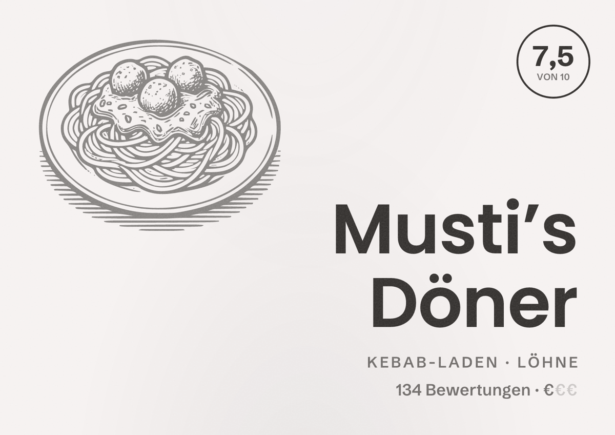 Illustriertes Poster von Musti’s Döner, Kebab-Laden in Löhne: Bewertung 7,5 von 10 aus 134 Bewertungen, Preisniveau €