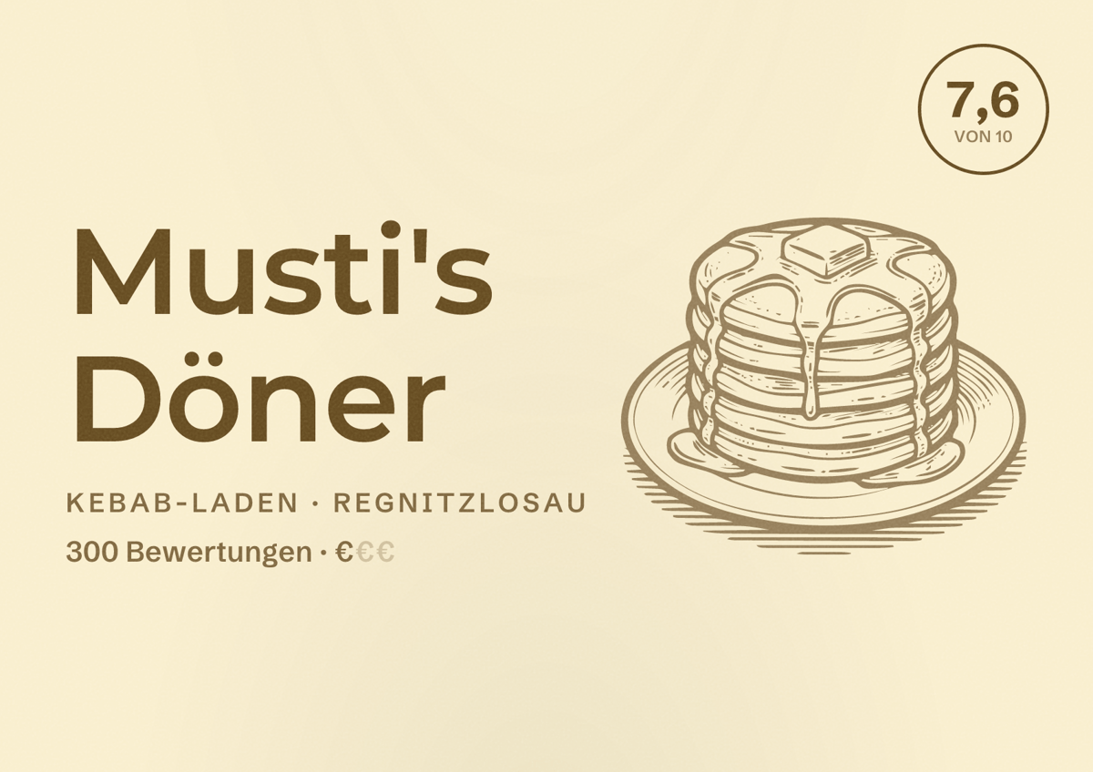 Illustriertes Poster von Musti's Döner, Kebab-Laden in Regnitzlosau: Bewertung 7,6 von 10 aus 300 Bewertungen, Preisniveau €