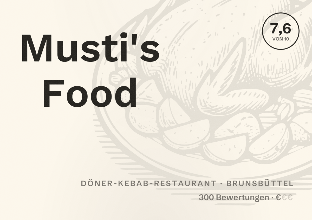 Illustriertes Poster von Musti's Food, Döner-Kebab-Restaurant in Brunsbüttel: Bewertung 7,6 von 10 aus 300 Bewertungen, Preisniveau €
