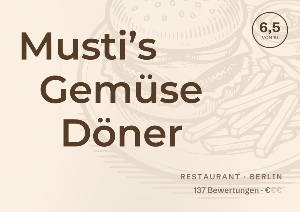 Illustriertes Poster von Musti’s Gemüse Döner, Restaurant in Berlin: Bewertung 6,5 von 10 aus 137 Bewertungen, Preisniveau €