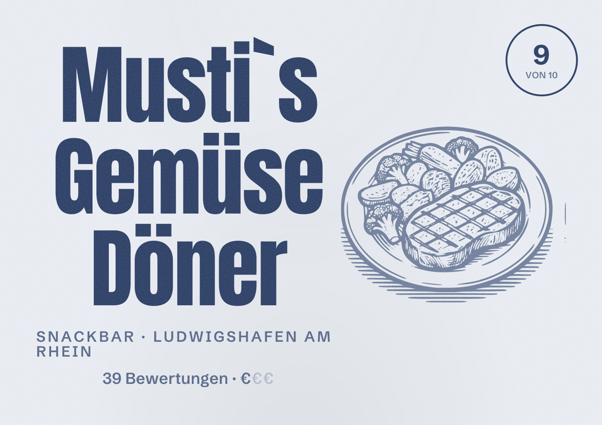Illustriertes Poster von Musti`s Gemüse Döner, Snackbar in Ludwigshafen am Rhein: Bewertung 9 von 10 aus 39 Bewertungen, Preisniveau €