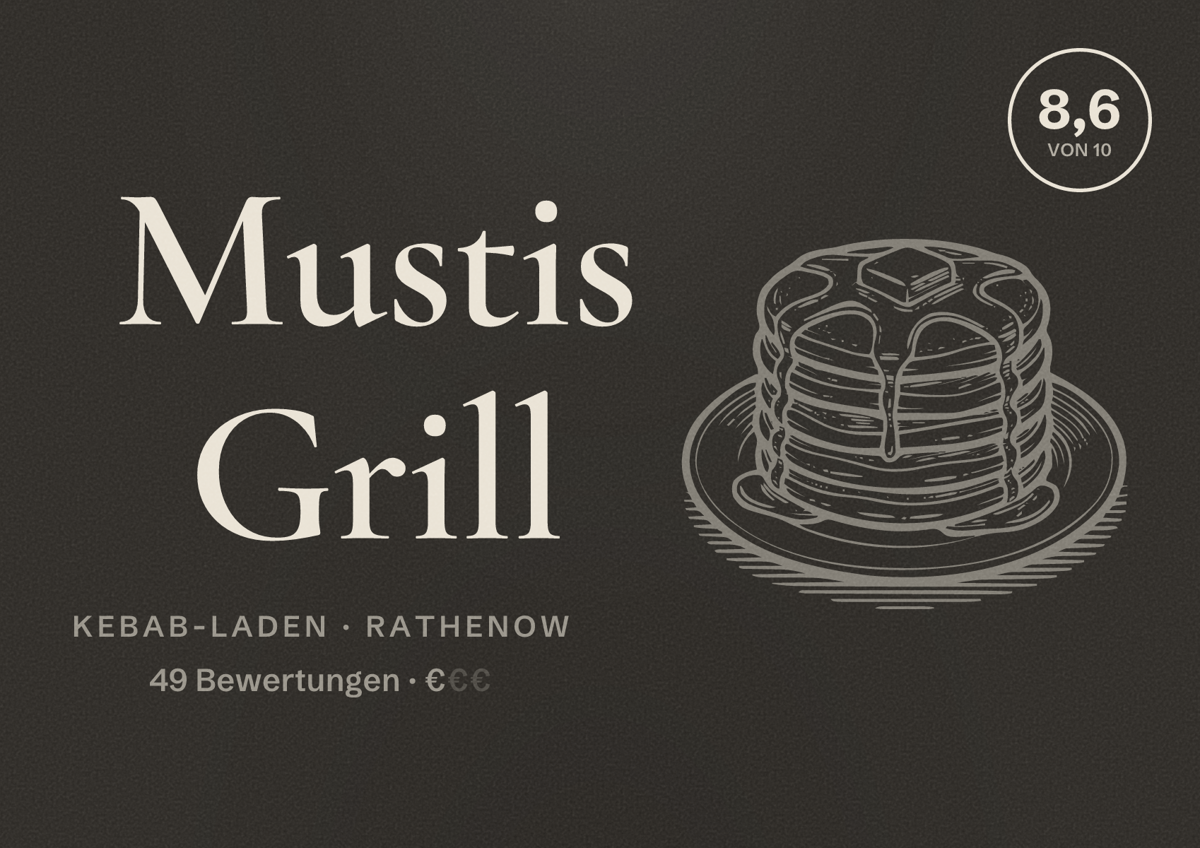 Illustriertes Poster von Mustis Grill, Kebab-Laden in Rathenow: Bewertung 8,6 von 10 aus 49 Bewertungen, Preisniveau €