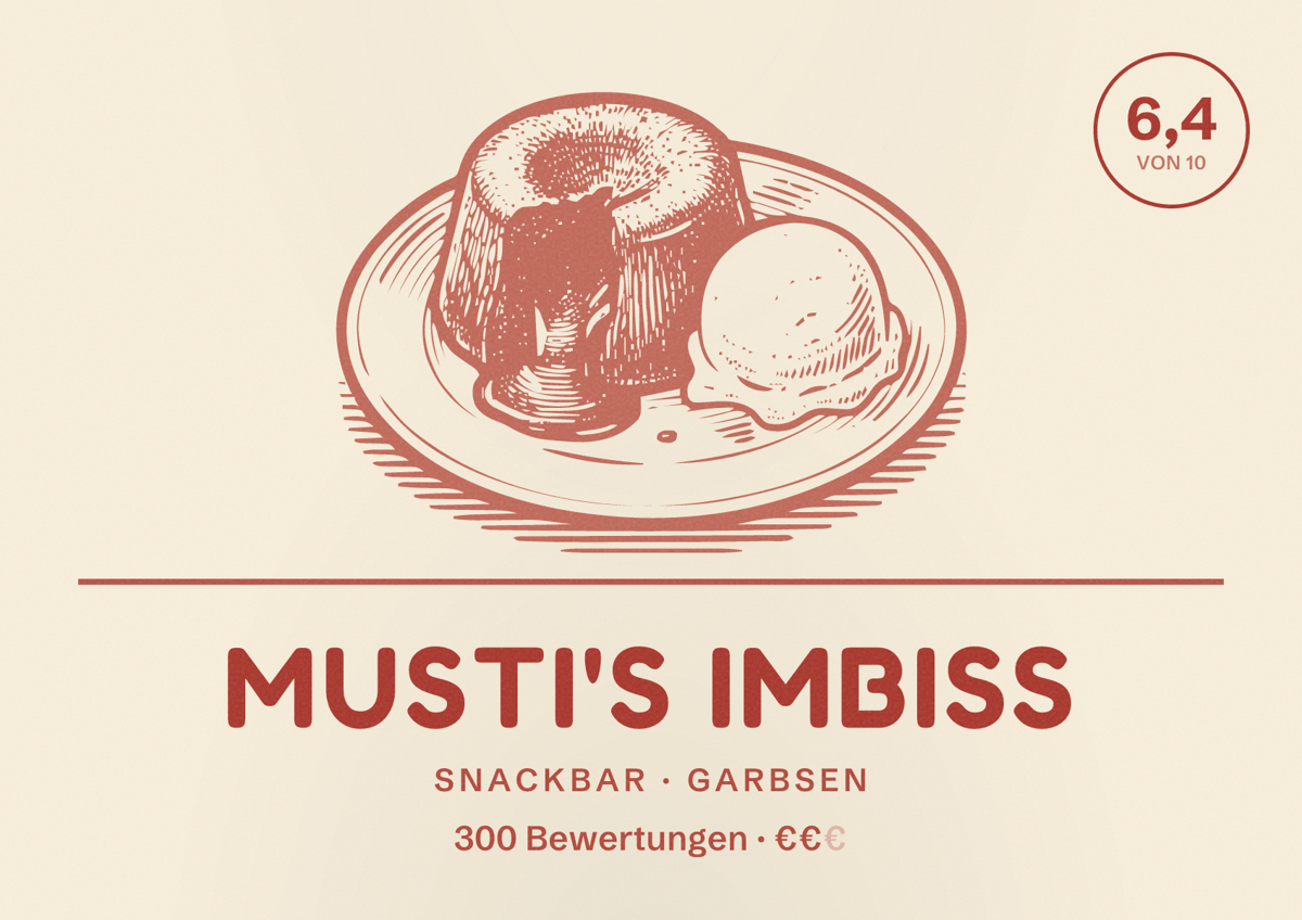Illustriertes Poster von Musti's Imbiss, Snackbar in Garbsen: Bewertung 6,4 von 10 aus 300 Bewertungen, Preisniveau €€