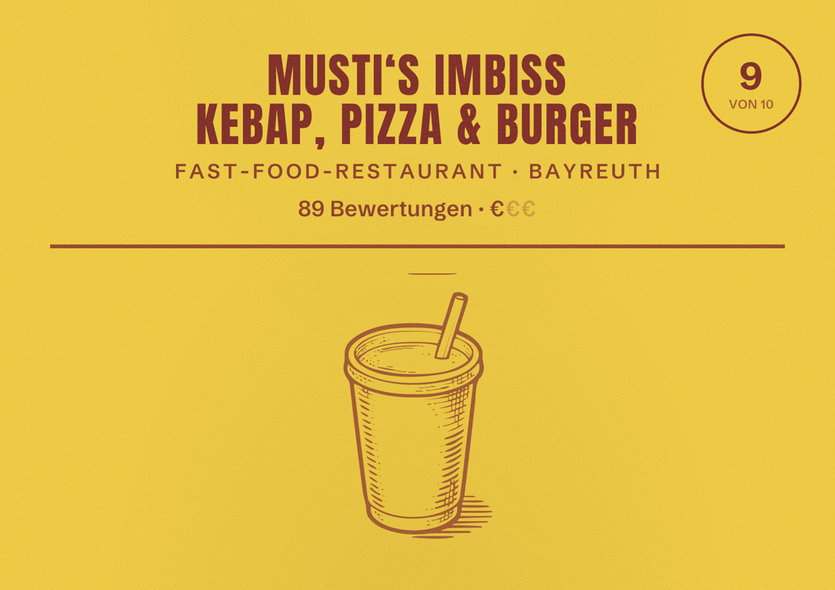 Illustriertes Poster von Musti‘s Imbiss Kebap, Pizza & Burger, Fast-Food-Restaurant in Bayreuth: Bewertung 9 von 10 aus 89 Bewertungen, Preisniveau €