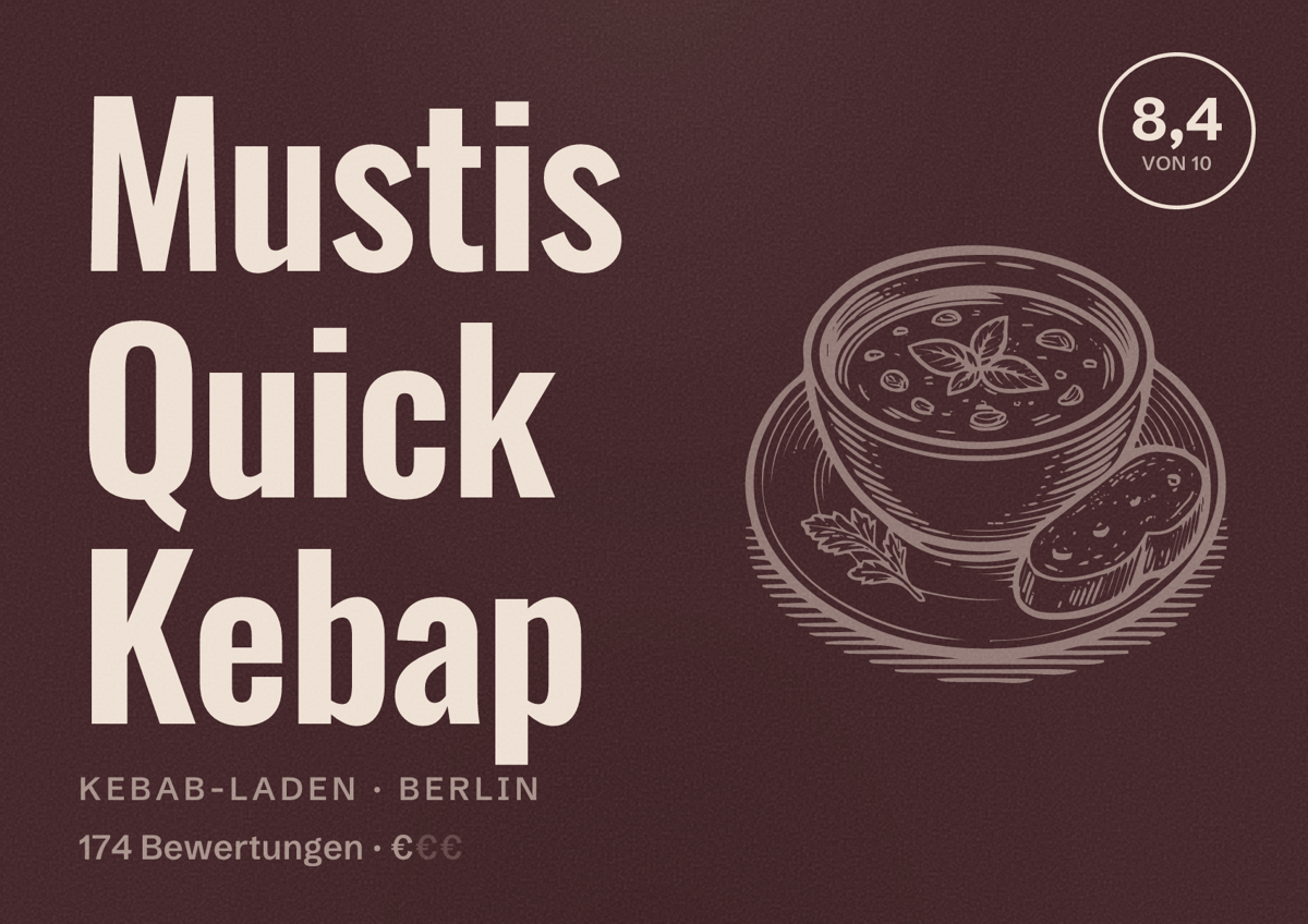Illustriertes Poster von Mustis Quick Kebap, Kebab-Laden in Berlin: Bewertung 8,4 von 10 aus 174 Bewertungen, Preisniveau €