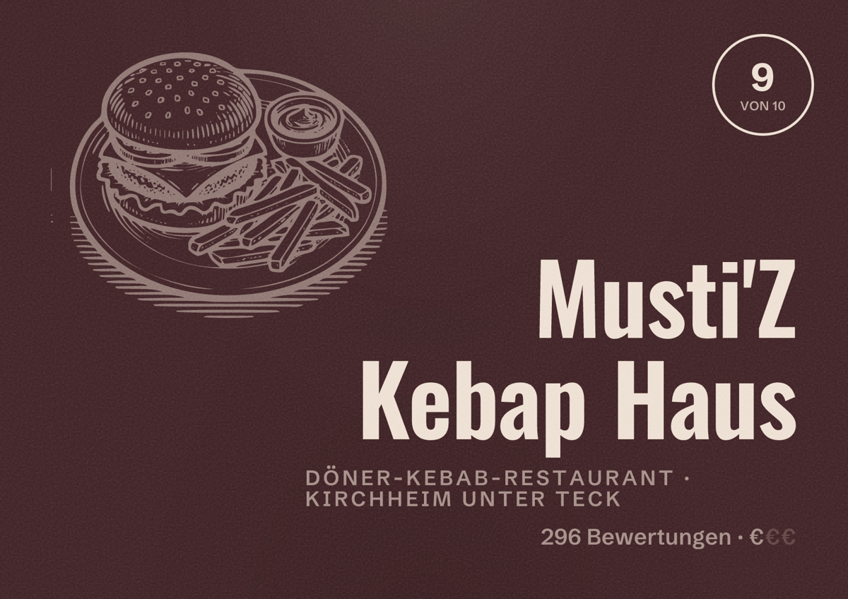 Illustriertes Poster von Musti'Z Kebap Haus, Döner-Kebab-Restaurant in Kirchheim unter Teck: Bewertung 9 von 10 aus 296 Bewertungen, Preisniveau €