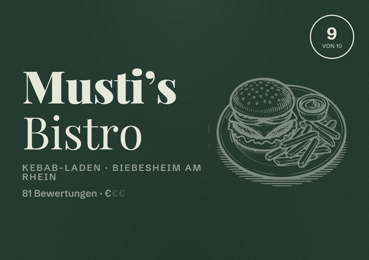 Illustriertes Poster von Mustiʼs Bistro, Kebab-Laden in Biebesheim am Rhein: Bewertung 9 von 10 aus 81 Bewertungen, Preisniveau €