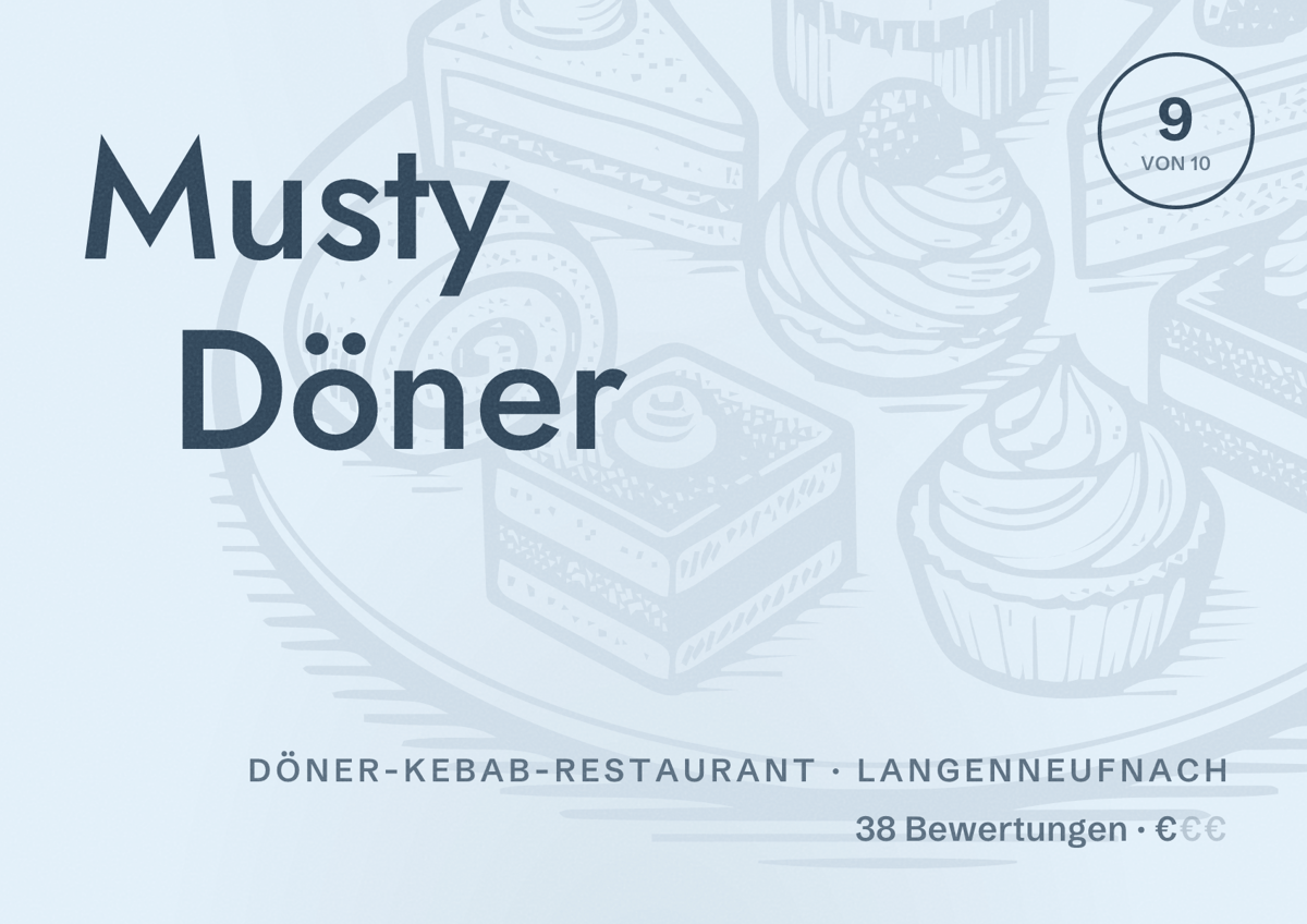 Illustriertes Poster von Musty Döner, Döner-Kebab-Restaurant in Langenneufnach: Bewertung 9 von 10 aus 38 Bewertungen, Preisniveau €