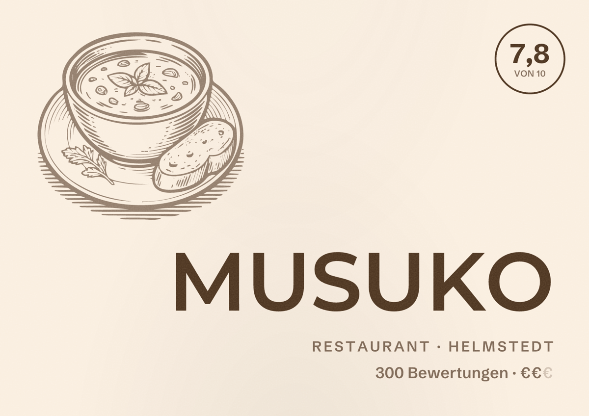 Illustriertes Poster von MUSUKO, Restaurant in Helmstedt: Bewertung 7,8 von 10 aus 300 Bewertungen, Preisniveau €€