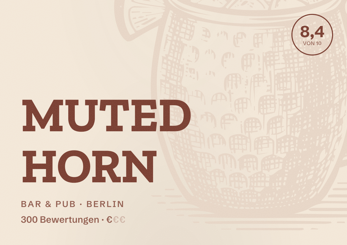 Illustriertes Poster von MUTED HORN, Bar & Pub in Berlin: Bewertung 8,4 von 10 aus 300 Bewertungen, Preisniveau €