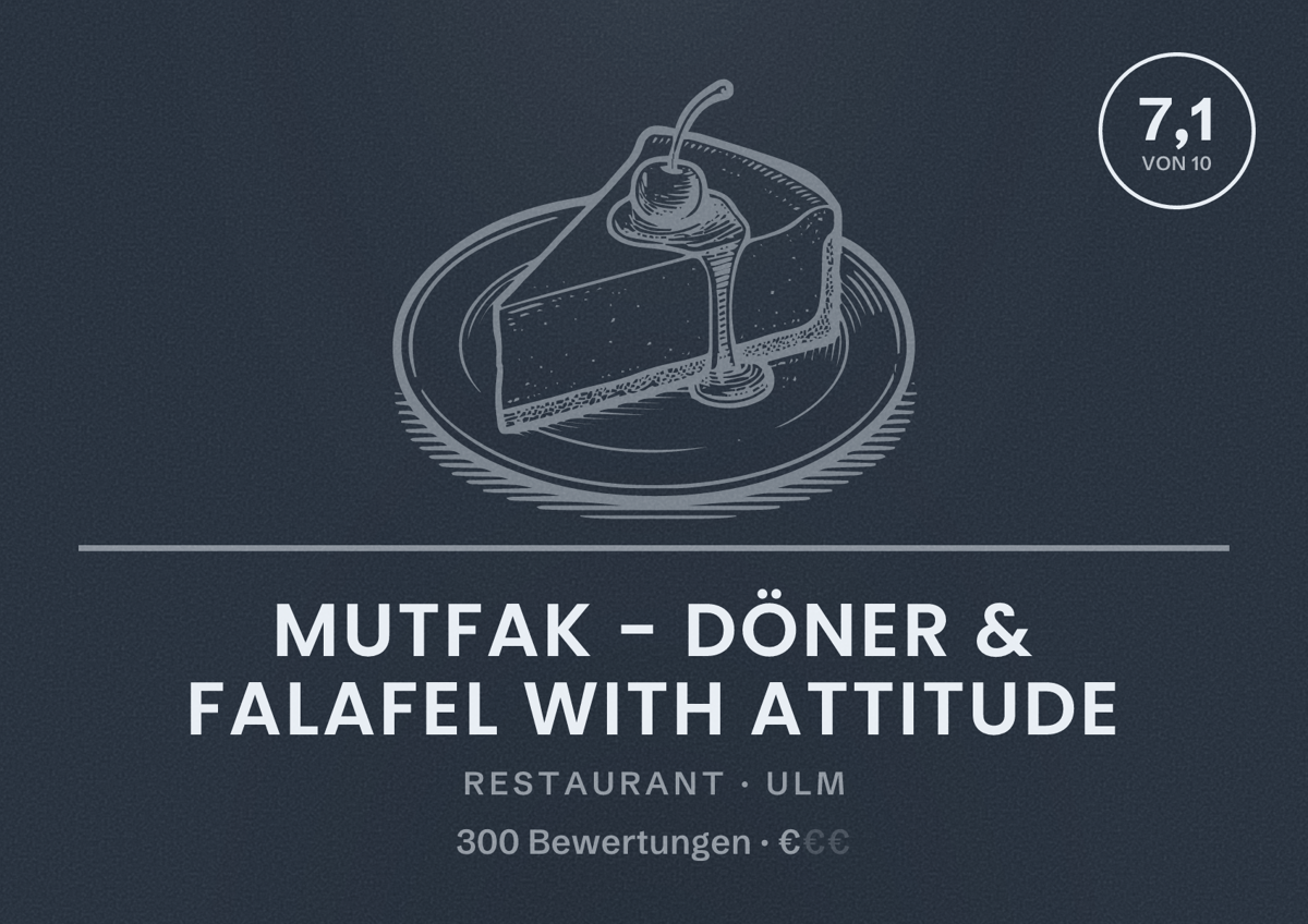 Illustriertes Poster von mutfak - döner & falafel with attitude, Restaurant in Ulm: Bewertung 7,1 von 10 aus 300 Bewertungen, Preisniveau €