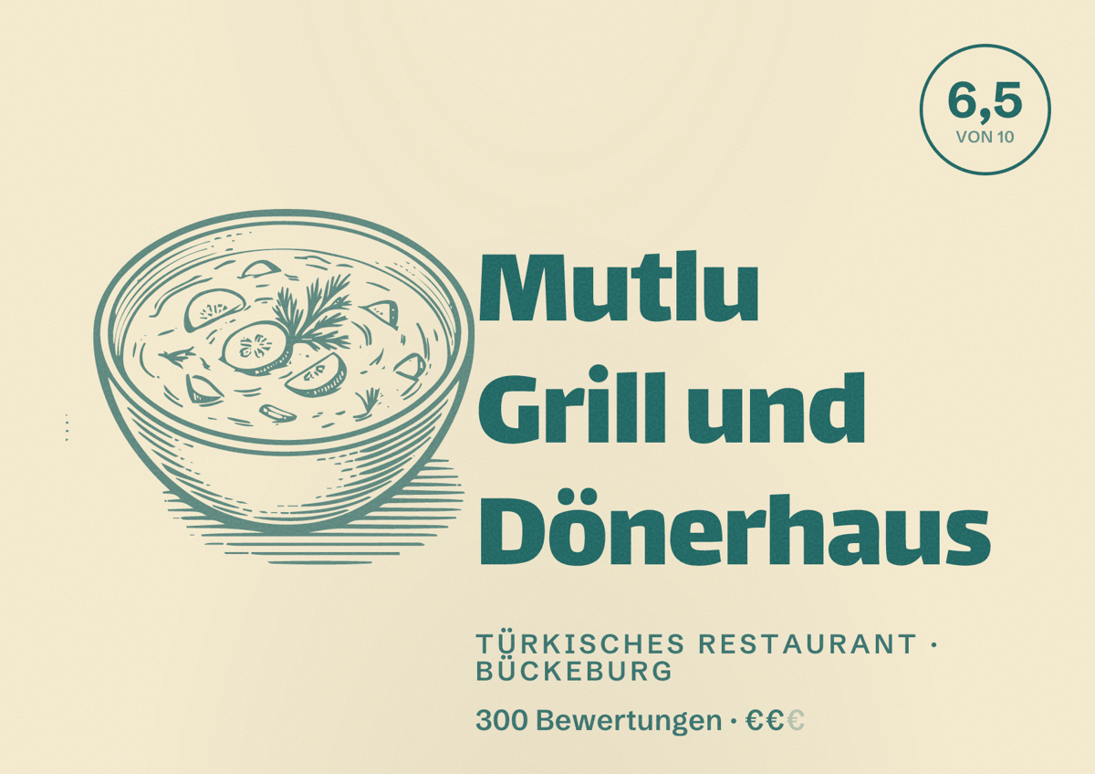 Illustriertes Poster von Mutlu Grill und Dönerhaus, Türkisches Restaurant in Bückeburg: Bewertung 6,5 von 10 aus 300 Bewertungen, Preisniveau €€