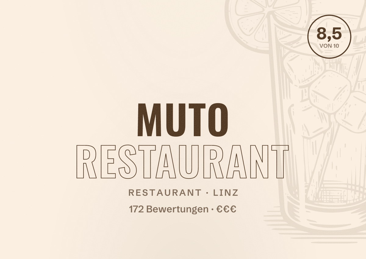 Illustriertes Poster von muto Restaurant, Restaurant in Linz: Bewertung 8,5 von 10 aus 172 Bewertungen, Preisniveau €€€
