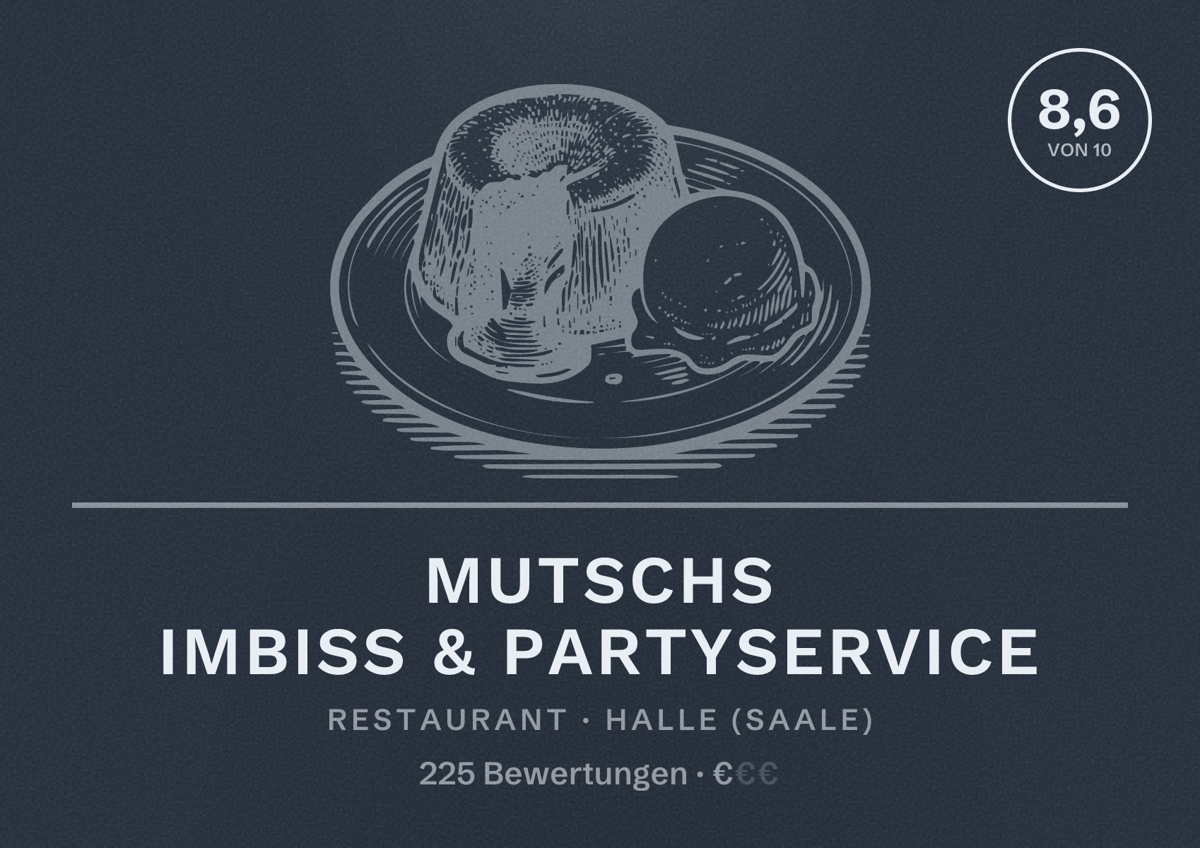 Illustriertes Poster von Mutschs Imbiss & Partyservice, Restaurant in Halle (Saale): Bewertung 8,6 von 10 aus 225 Bewertungen, Preisniveau €