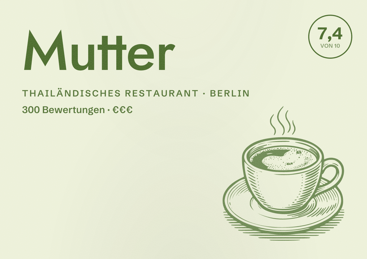 Illustriertes Poster von Mutter, Thailändisches Restaurant in Berlin: Bewertung 7,4 von 10 aus 300 Bewertungen, Preisniveau €€€