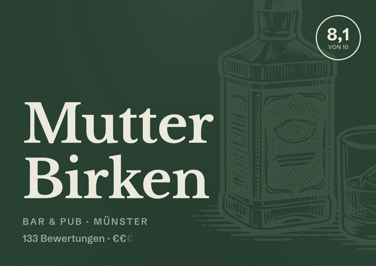 Illustriertes Poster von Mutter Birken, Bar & Pub in Münster: Bewertung 8,1 von 10 aus 133 Bewertungen, Preisniveau €€