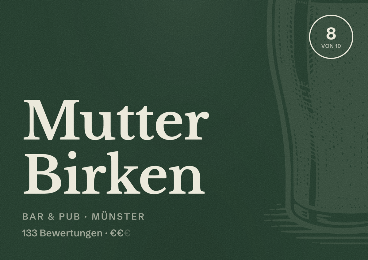 Illustriertes Poster von Mutter Birken, Bar & Pub in Münster: Bewertung 8,0 von 10 aus 133 Bewertungen, Preisniveau €€