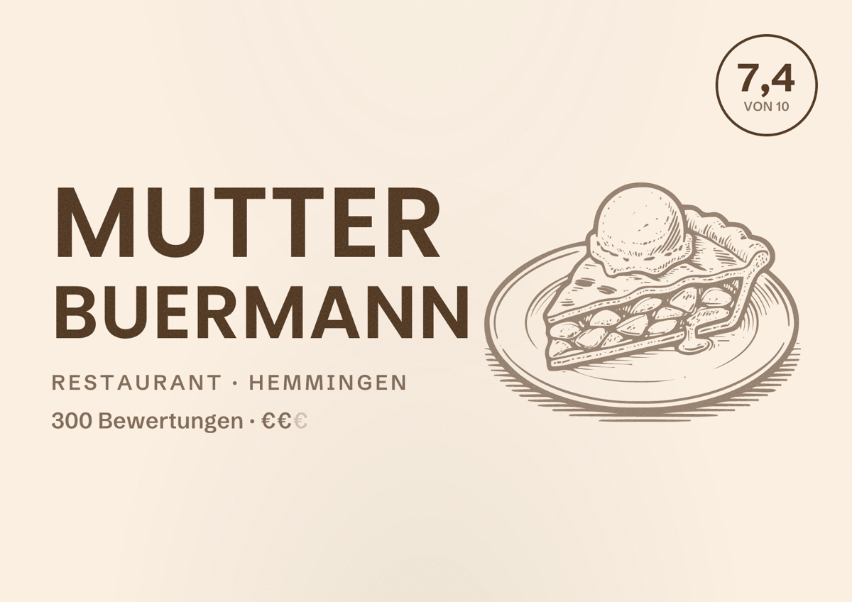 Illustriertes Poster von Mutter Buermann, Restaurant in Hemmingen: Bewertung 7,4 von 10 aus 300 Bewertungen, Preisniveau €€