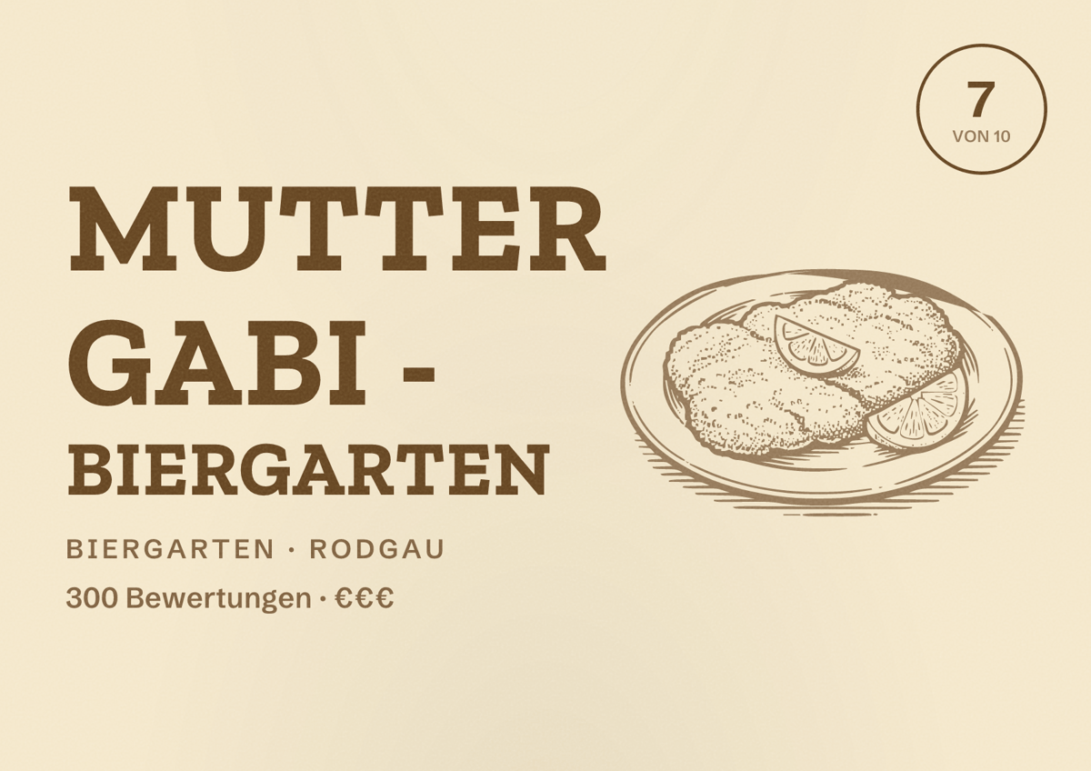 Illustriertes Poster von Mutter Gabi - Biergarten, Biergarten in Rodgau: Bewertung 7 von 10 aus 300 Bewertungen, Preisniveau €€€