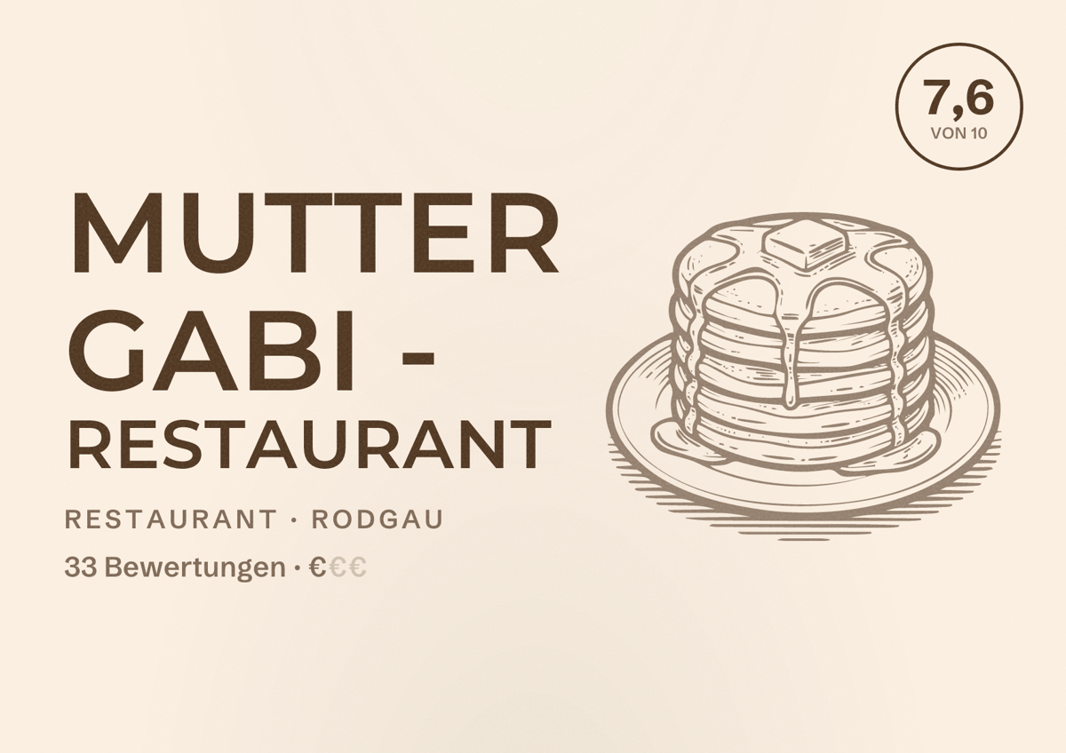 Illustriertes Poster von Mutter Gabi - Restaurant, Restaurant in Rodgau: Bewertung 7,6 von 10 aus 33 Bewertungen, Preisniveau €