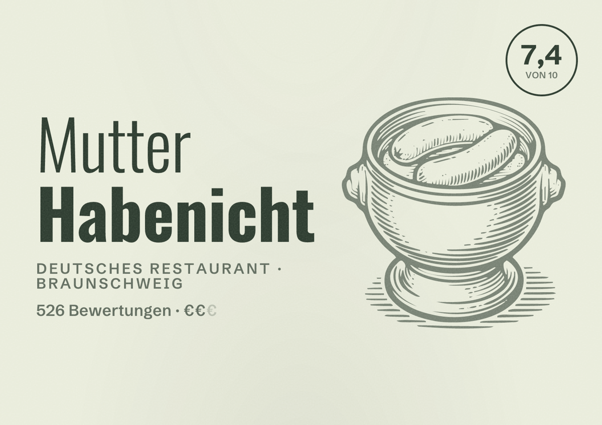 Illustriertes Poster von Mutter Habenicht, Deutsches Restaurant in Braunschweig: Bewertung 7,4 von 10 aus 526 Bewertungen, Preisniveau €€