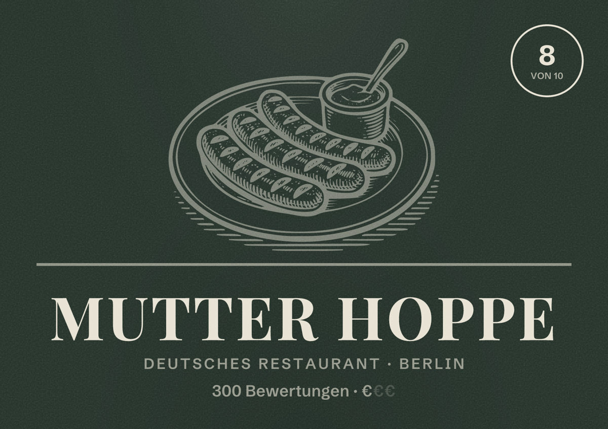 Illustriertes Poster von Mutter Hoppe, Deutsches Restaurant in Berlin: Bewertung 8,0 von 10 aus 300 Bewertungen, Preisniveau €