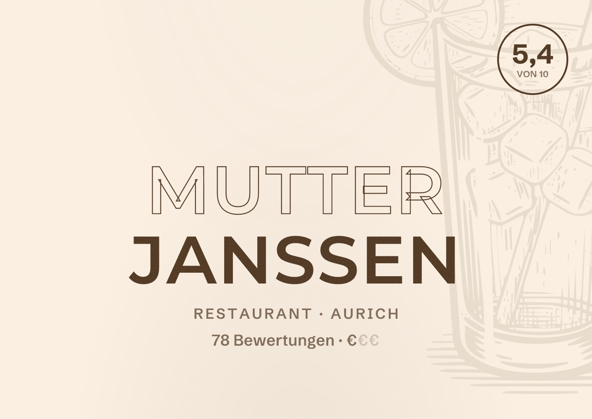 Illustriertes Poster von Mutter Janssen, Restaurant in Aurich: Bewertung 5,4 von 10 aus 78 Bewertungen, Preisniveau €