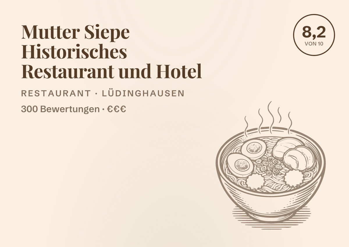 Illustriertes Poster von Mutter Siepe Historisches Restaurant und Hotel, Restaurant in Lüdinghausen: Bewertung 8,2 von 10 aus 300 Bewertungen, Preisniveau €€€