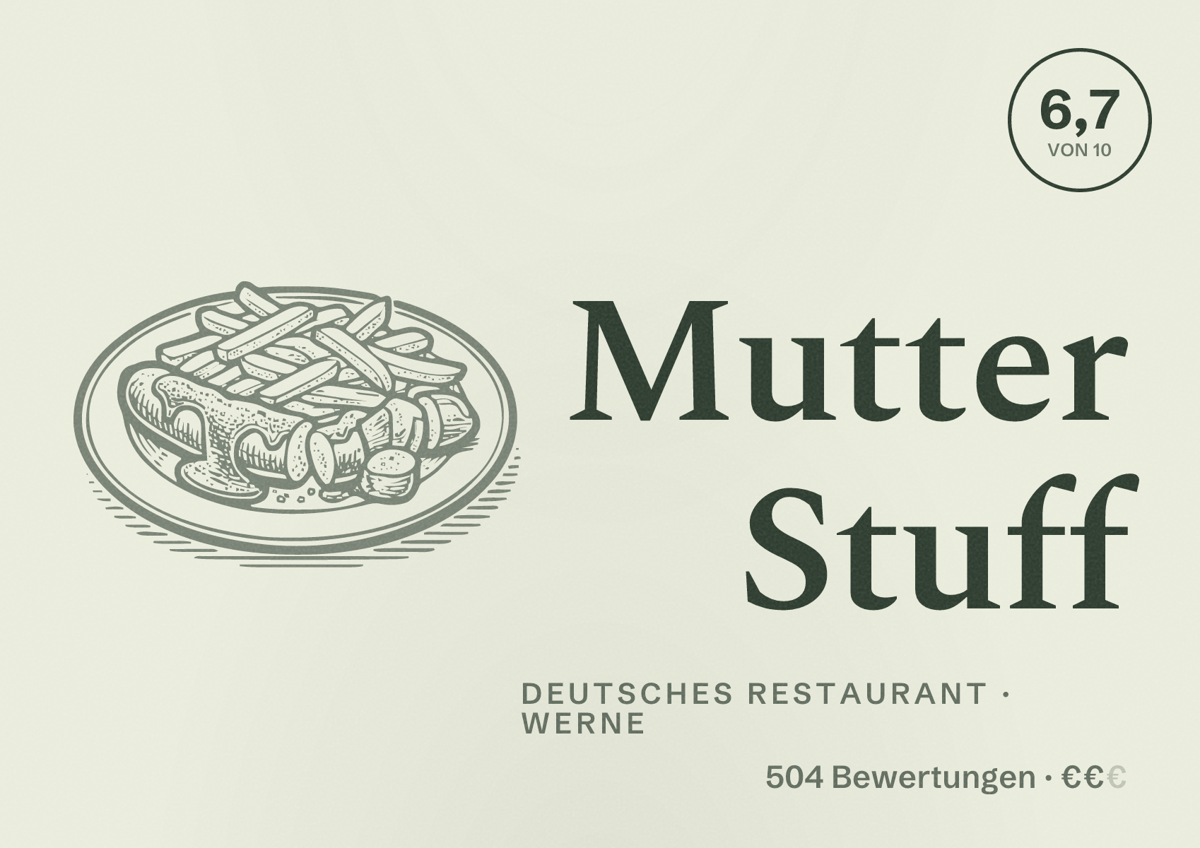 Illustriertes Poster von Mutter Stuff, Deutsches Restaurant in Werne: Bewertung 6,7 von 10 aus 504 Bewertungen, Preisniveau €€