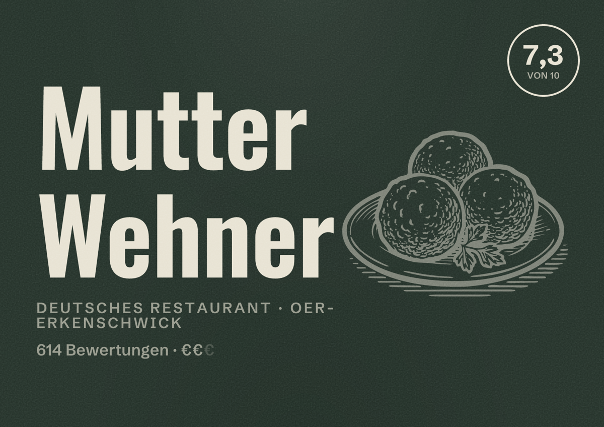 Illustriertes Poster von Mutter Wehner, Deutsches Restaurant in Oer-Erkenschwick: Bewertung 7,3 von 10 aus 614 Bewertungen, Preisniveau €€