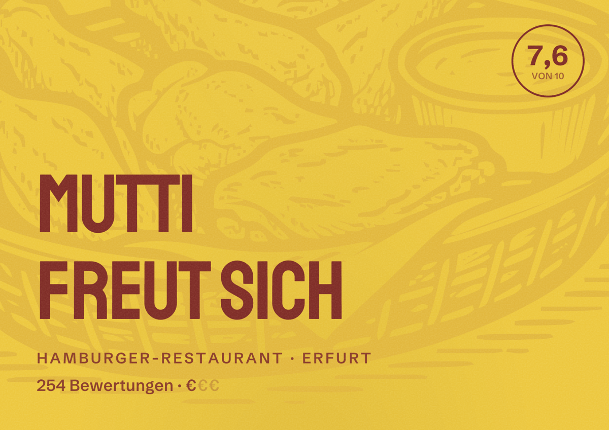 Illustriertes Poster von Mutti freut sich, Hamburger-Restaurant in Erfurt: Bewertung 7,6 von 10 aus 254 Bewertungen, Preisniveau €