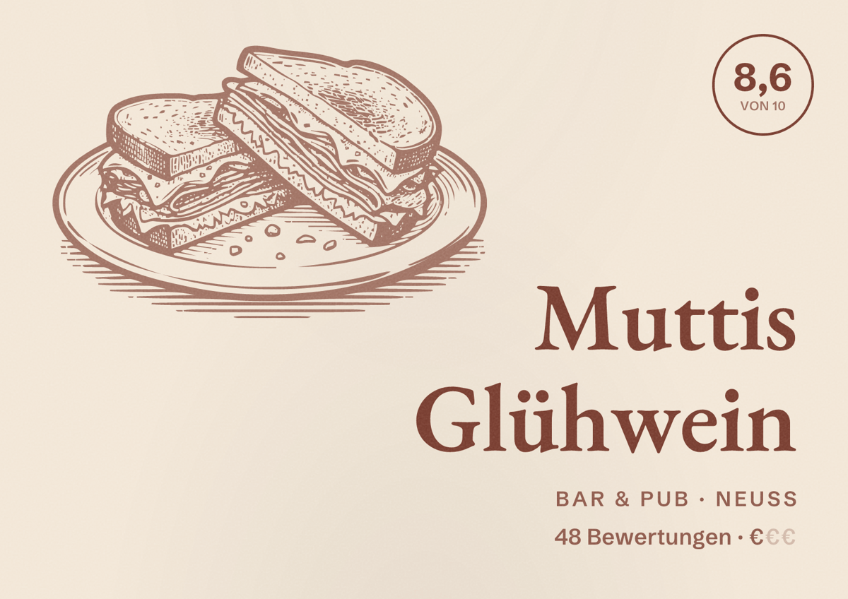 Illustriertes Poster von Muttis Glühwein, Bar & Pub in Neuss: Bewertung 8,6 von 10 aus 48 Bewertungen, Preisniveau €