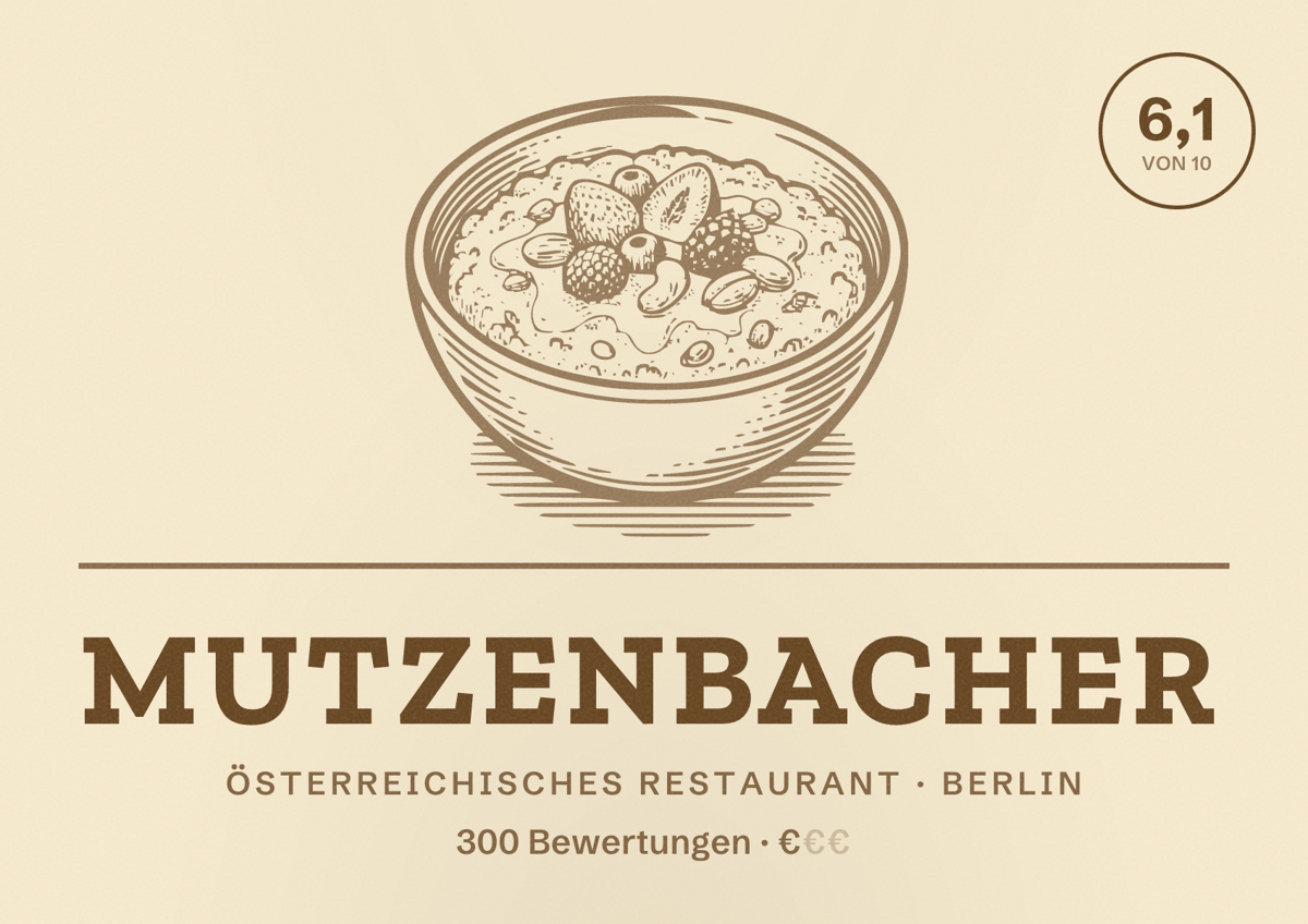 Illustriertes Poster von Mutzenbacher, Österreichisches Restaurant in Berlin: Bewertung 6,1 von 10 aus 300 Bewertungen, Preisniveau €