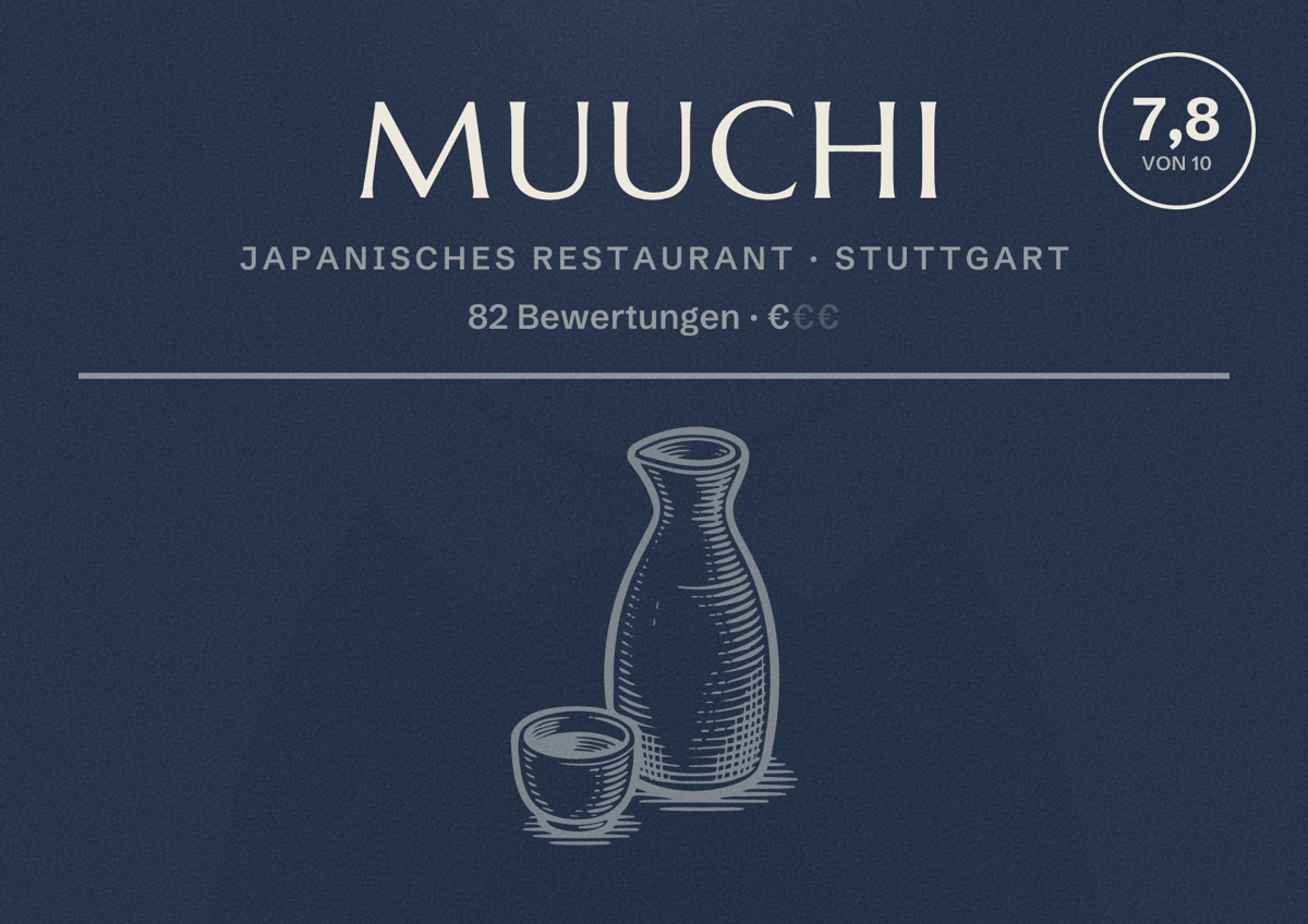 Illustriertes Poster von Muuchi, Japanisches Restaurant in Stuttgart: Bewertung 7,8 von 10 aus 82 Bewertungen, Preisniveau €