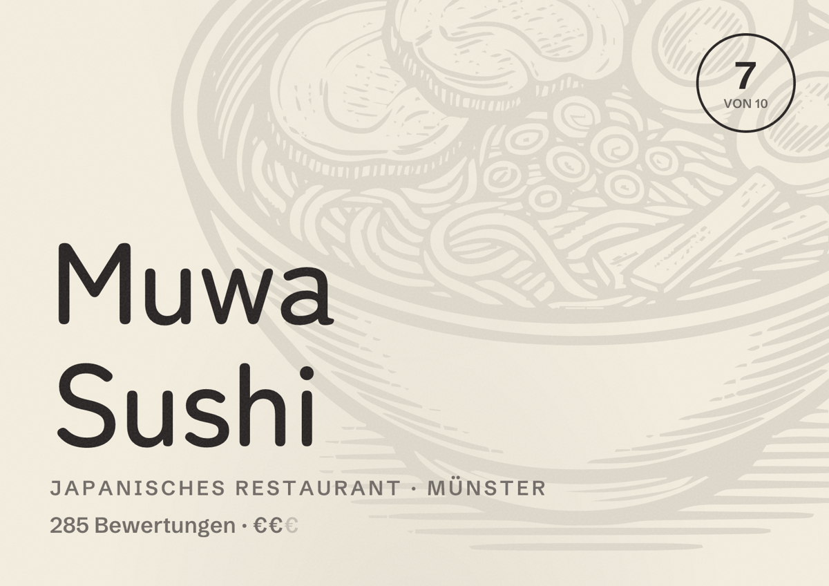 Illustriertes Poster von Muwa Sushi, Japanisches Restaurant in Münster: Bewertung 7 von 10 aus 285 Bewertungen, Preisniveau €€