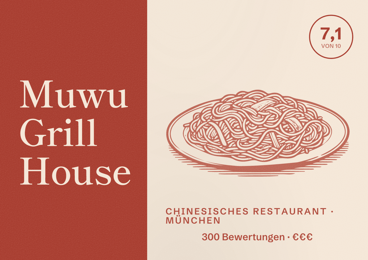 Illustriertes Poster von Muwu Grill House, Chinesisches Restaurant in München: Bewertung 7,1 von 10 aus 300 Bewertungen, Preisniveau €€€