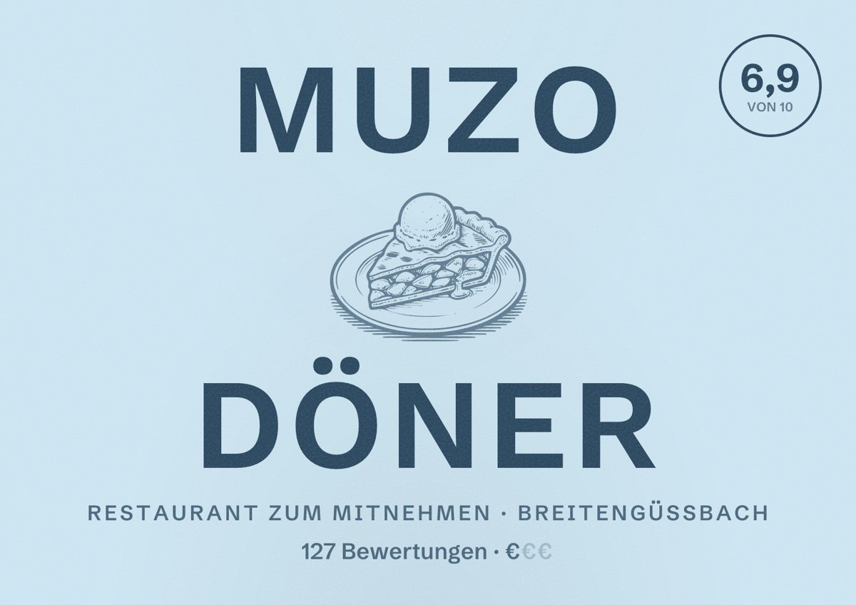 Illustriertes Poster von Muzo Döner, Restaurant zum Mitnehmen in Breitengüßbach: Bewertung 6,9 von 10 aus 127 Bewertungen, Preisniveau €
