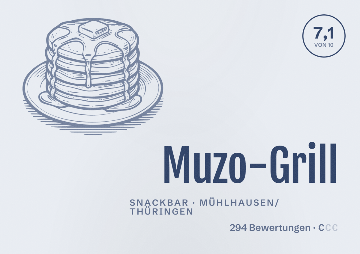 Illustriertes Poster von Muzo-Grill, Snackbar in Mühlhausen/Thüringen: Bewertung 7,1 von 10 aus 294 Bewertungen, Preisniveau €