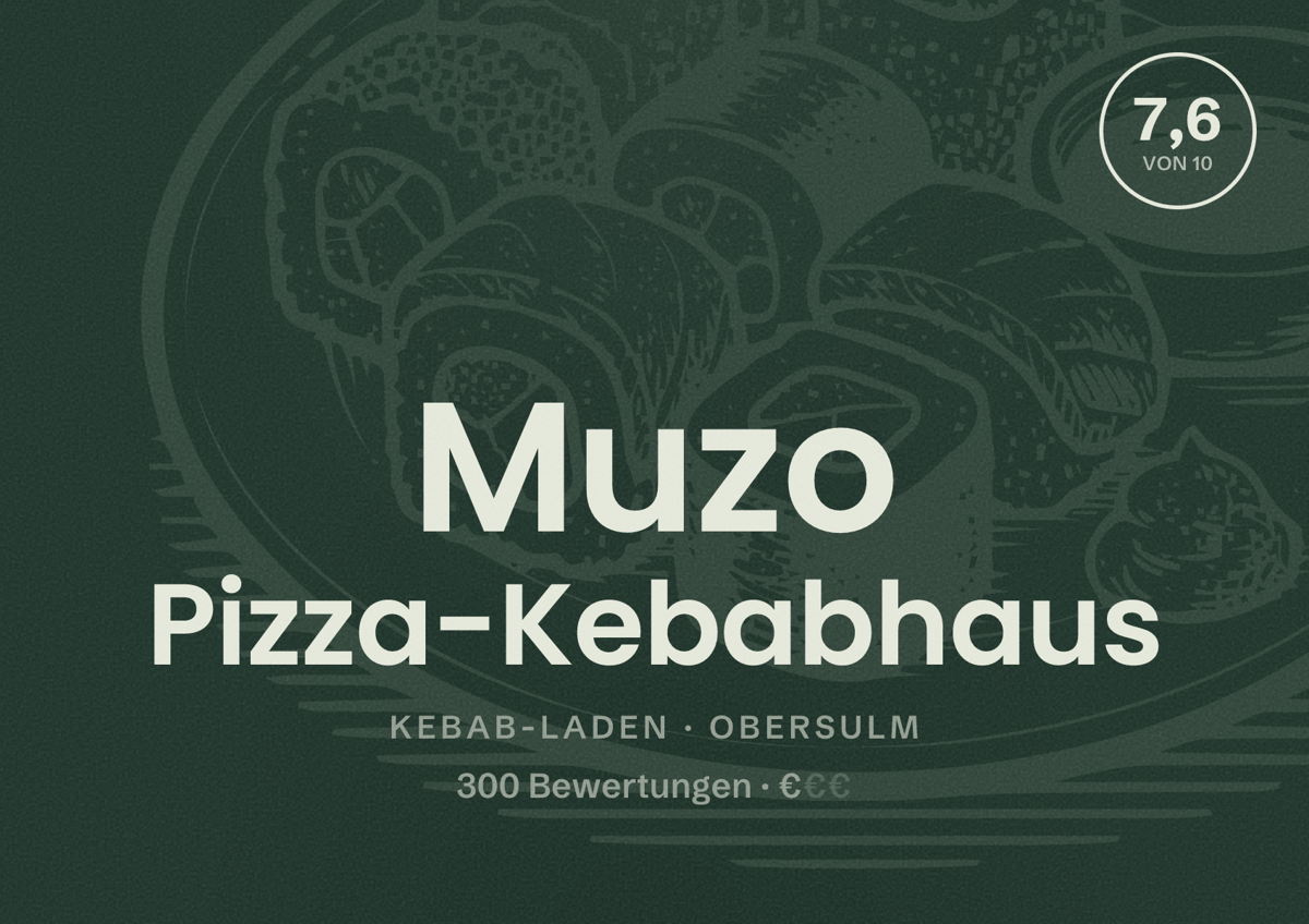 Illustriertes Poster von Muzo Pizza-Kebabhaus, Kebab-Laden in Obersulm: Bewertung 7,6 von 10 aus 300 Bewertungen, Preisniveau €