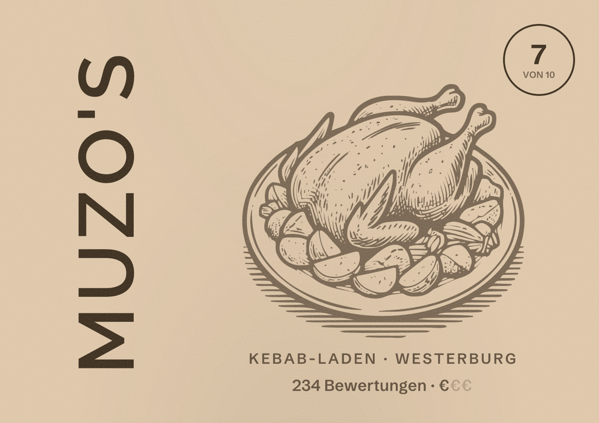 Illustriertes Poster von Muzo's, Kebab-Laden in Westerburg: Bewertung 7 von 10 aus 234 Bewertungen, Preisniveau €