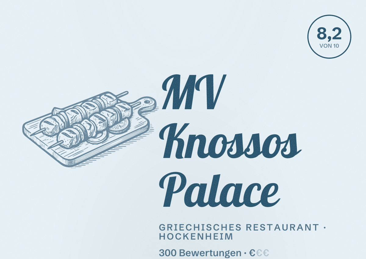 Illustriertes Poster von MV Knossos Palace, Griechisches Restaurant in Hockenheim: Bewertung 8,2 von 10 aus 300 Bewertungen, Preisniveau €