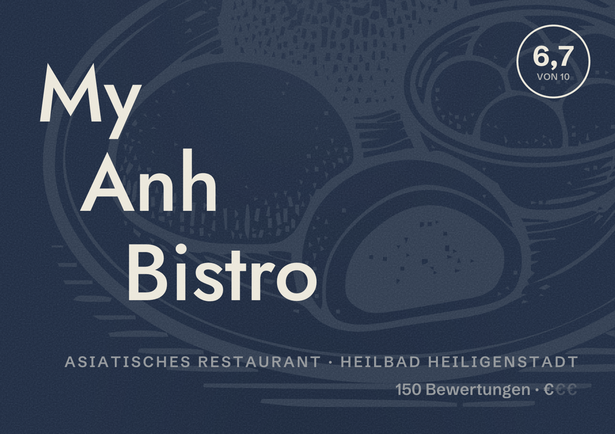 Illustriertes Poster von My Anh Bistro, Asiatisches Restaurant in Heilbad Heiligenstadt: Bewertung 6,7 von 10 aus 150 Bewertungen, Preisniveau €