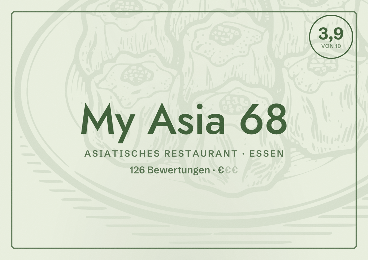 Illustriertes Poster von My Asia 68, Asiatisches Restaurant in Essen: Bewertung 3,9 von 10 aus 126 Bewertungen, Preisniveau €