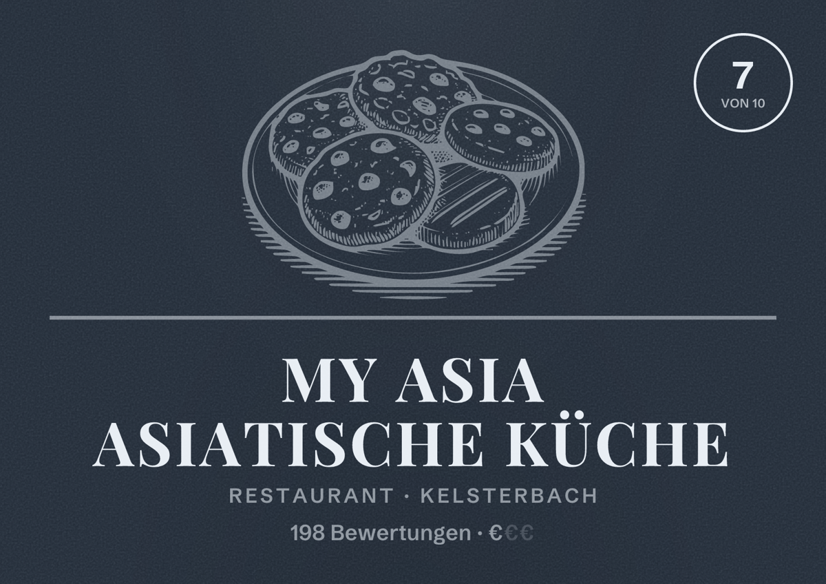 Illustriertes Poster von My Asia asiatische Küche, Restaurant in Kelsterbach: Bewertung 7 von 10 aus 198 Bewertungen, Preisniveau €